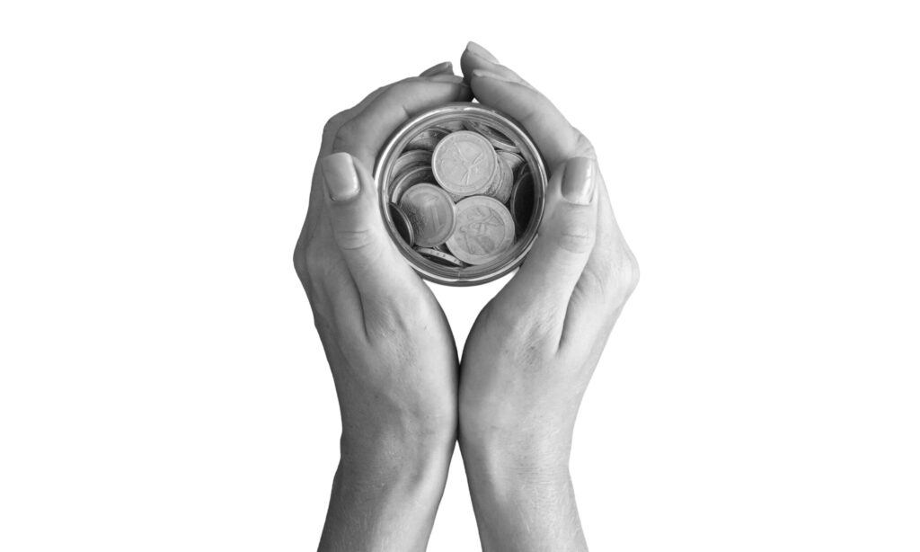 Donation jar with coins